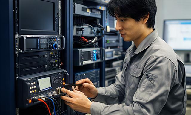 東大阪の技術サポートセンターで放送機器を点検するサービスエンジニア